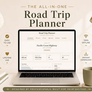 Op de afbeelding: Een laptop toont een roadtrip planner interface met de tekst "Road Trip Planner". Het scherm toont reisdetails, inclusief afstand, tijd en budget. De afbeelding bevat een koffiemok, een lamp en een vaas met bloemen. Tekst op de afbeelding zegt "Easy to Use" en "Instant Download".