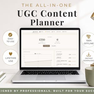 Peut inclure: Un ordinateur portable affichant un tableau de bord numérique UGC Content Planner avec des indicateurs financiers et de suivi des tâches. L'écran présente le texte THE ALL-IN-ONE UGC Content Planner, Easy to Use, Lifetime Use, 100% Offline, Instant Download.