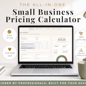 Peut inclure: Un ordinateur portable affichant une interface de calculateur de prix pour petite entreprise avec des champs pour les coûts, les marges et les données tarifaires. L'écran présente du texte incluant Price a product, £33.25 et des icônes circulaires.