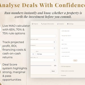 Puede incluir: Interfaz digital con el texto "Analyse Deals With Confidence". La interfaz muestra una calculadora MAO en vivo, la ganancia proyectada y el sistema de puntuaci&oacute;n de acuerdos. La interfaz destaca oportunidades fuertes, marginales y de aprobaci&oacute;n.