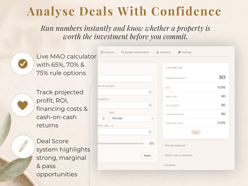 Puede incluir: Interfaz digital con el texto "Analyse Deals With Confidence". La interfaz muestra una calculadora MAO en vivo, la ganancia proyectada y el sistema de puntuaci&oacute;n de acuerdos. La interfaz destaca oportunidades fuertes, marginales y de aprobaci&oacute;n.