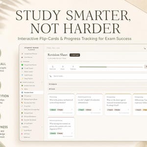 May include: A digital planner interface with the text "STUDY SMARTER, NOT HARDER." The interface includes sections for active recall, spaced repetition, and exam readiness. A pen and notebook are in the background.