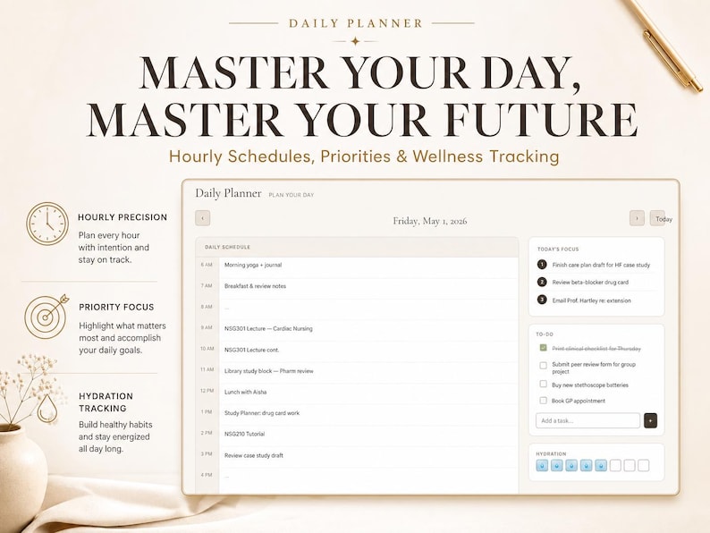 May include: A digital daily planner with the text "MASTER YOUR DAY, MASTER YOUR FUTURE." The planner includes hourly schedules, priority focus, and hydration tracking. The design is in neutral tones with a gold pen in the background.