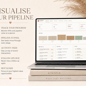 Op de afbeelding: Een laptop met een zakelijk dashboard met de tekst "VISUALISE YOUR PIPELINE." Het scherm toont datavisualisaties en statistieken. De laptop staat op twee boeken, &eacute;&eacute;n met de titel "KINFOLK" en de andere "WABI-SABI WELCOME."