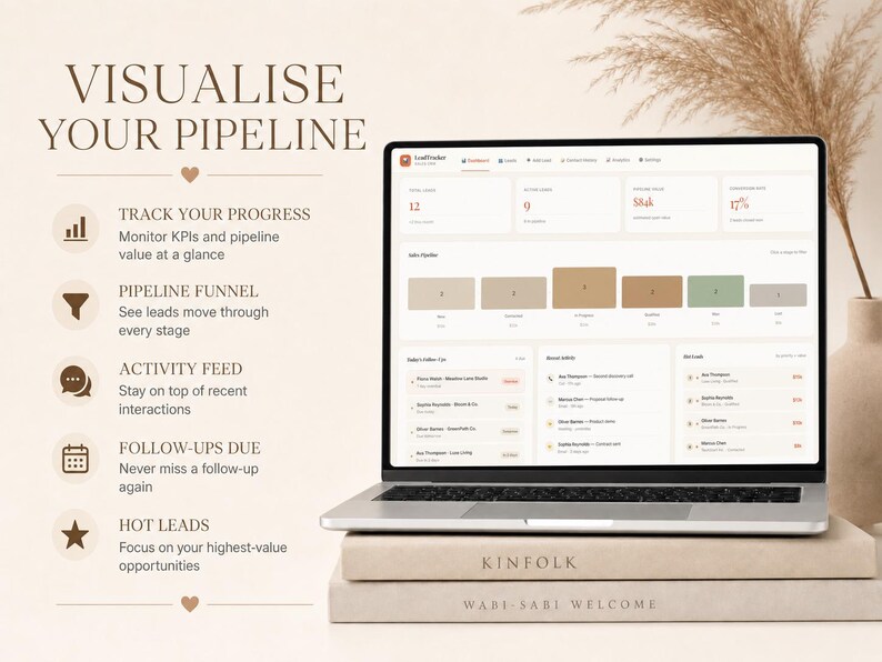 Op de afbeelding: Een laptop met een zakelijk dashboard met de tekst "VISUALISE YOUR PIPELINE." Het scherm toont datavisualisaties en statistieken. De laptop staat op twee boeken, &eacute;&eacute;n met de titel "KINFOLK" en de andere "WABI-SABI WELCOME."