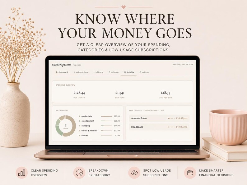 May include: A rose gold laptop displays a financial overview with the text "KNOW WHERE YOUR MONEY GOES." The screen shows spending categories and subscription details. A vase with dried flowers and a pink mug are on the table.