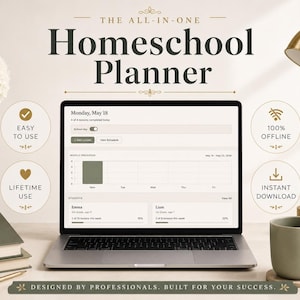 May include: A laptop displaying a homeschool planner interface, with the text "Homeschool Planner" at the top. The image includes a coffee mug, books, and decorative elements. Text on the image includes "Easy to Use", "Lifetime Use", "100% Offline", and "Instant Download".
