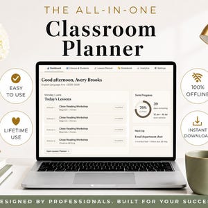 Op de afbeelding: Een laptop met een digitaal klaslokaalplanner-dashboard met de tekst THE ALL-IN-ONE Classroom Planner. Het scherm toont een schema voor Avery Brooks, de voortgang van het semester en leslijsten. Vier ronde iconen geven functies aan zoals eenvoudig in gebruik, 100% offline, levenslang gebruik en directe download.
