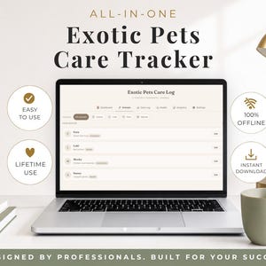 Può includere: Uno schermo di computer portatile che mostra un'interfaccia di monitoraggio per la cura di animali esotici con un elenco di animali. Il grafico include il testo ALL-IN-ONE Exotic Pets Care Tracker, EASY TO USE, 100% OFFLINE, LIFETIME USE, INSTANT DOWNLOAD.