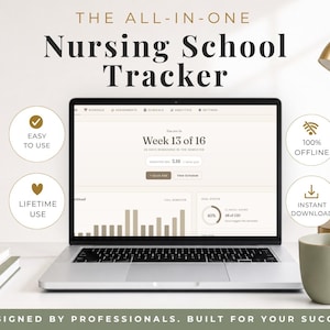May include: A laptop displaying a digital Nursing School Tracker interface with progress charts and text reading Week 13 of 16. Four circular icons highlight features including Easy to Use, 100% Offline, Lifetime Use, and Instant Download.