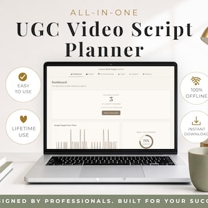 May include: A laptop displaying an All-in-One UGC Video Script Planner dashboard. The screen shows a content calendar and progress metrics. Circular icons indicate features like easy to use, 100% offline, lifetime use, and instant download.