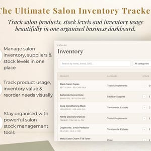 May include: A digital salon inventory tracker with the title "The Ultimate Salon Inventory Tracker". The interface displays product names, categories, and stock levels. The text highlights features like inventory management and stock tracking.