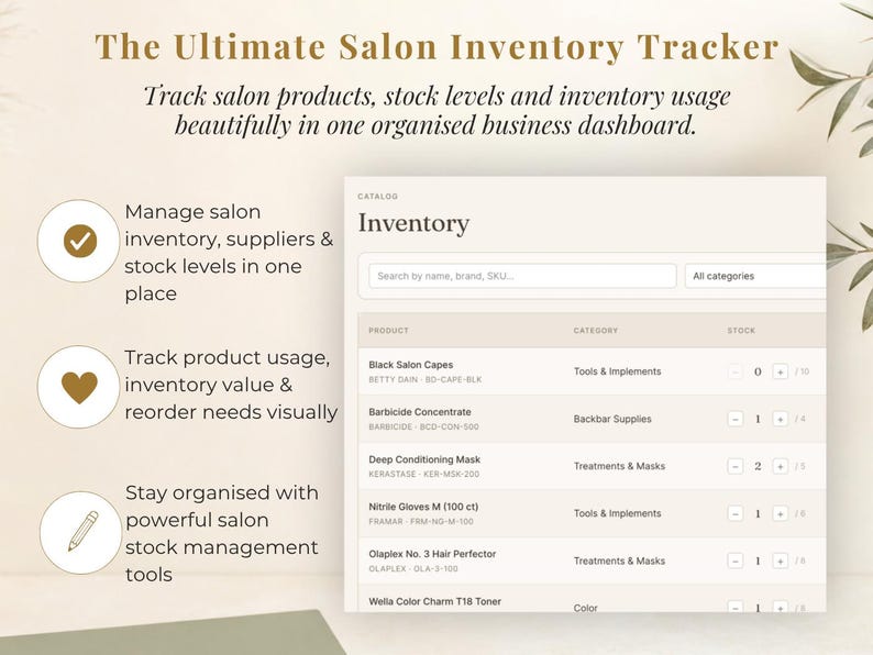 May include: A digital salon inventory tracker with the title "The Ultimate Salon Inventory Tracker". The interface displays product names, categories, and stock levels. The text highlights features like inventory management and stock tracking.