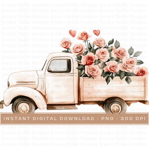 Watercolour valentines truck png clipart, Digital downloads, beige truck with flowers, Truck clipart, Clip art, Valentine Graphics, pngs