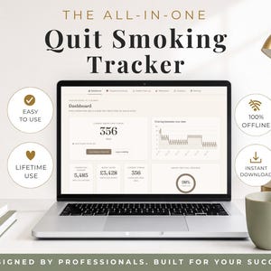 以下が含まれることがあります： 禁煙トラッカーのダッシュボードを表示したノートパソコン。統計、渇望強度のグラフ、進捗サークルが表示されています。画面には356日、5,485本のタバコを回避、3,428ポンドの節約と表示。アイコンは使いやすさ、生涯使用、100%オフライン、即時ダウンロードを示しています。