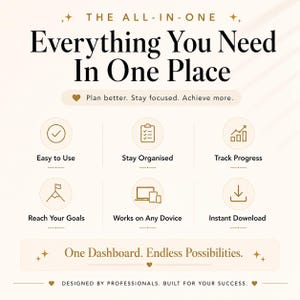 May include: A digital planner graphic with the text The All-In-One Everything You Need In One Place. Features icons for Easy to Use, Stay Organised, Track Progress, Reach Your Goals, Works on Any Device, and Instant Download. Includes One Dashboard. Endlessly Possibilities.