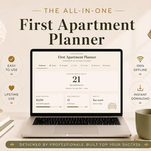 Puede incluir: Una computadora portátil muestra la interfaz "First Apartment Planner", con iconos y texto que indican facilidad de uso, uso de por vida, funcionalidad sin conexión y descarga instantánea. Una taza, libros y una lámpara dorada están en el escritorio. El texto dice "Diseñado por profesionales. Construido para tu éxito."