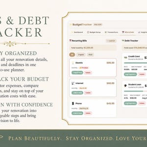 May include: A digital planner titled "Bills & Debt Tracker" with a light background and floral accents. The planner displays budget tracking information, including recurring bills and debt details. Text includes "Stay Organized," "Track Your Budget," and "Plan with Confidence."