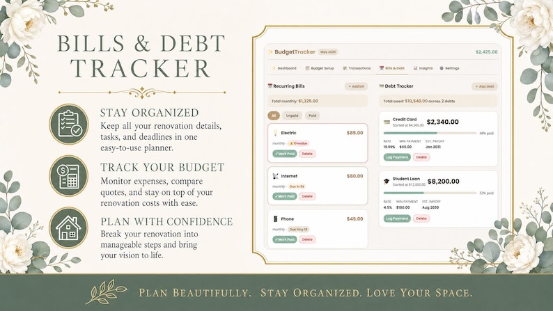 May include: A digital planner titled "Bills & Debt Tracker" with a light background and floral accents. The planner displays budget tracking information, including recurring bills and debt details. Text includes "Stay Organized," "Track Your Budget," and "Plan with Confidence."