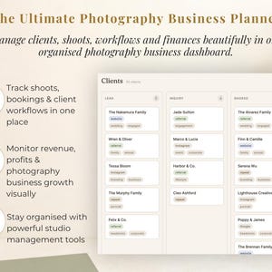 Puede incluir: Un planificador digital de negocios de fotograf&iacute;a con el texto "The Ultimate Photography Business Planner". El planificador ayuda a gestionar clientes, sesiones, flujos de trabajo y finanzas. Incluye seguimiento de clientes, control de ingresos y herramientas de gesti&oacute;n de estudio.