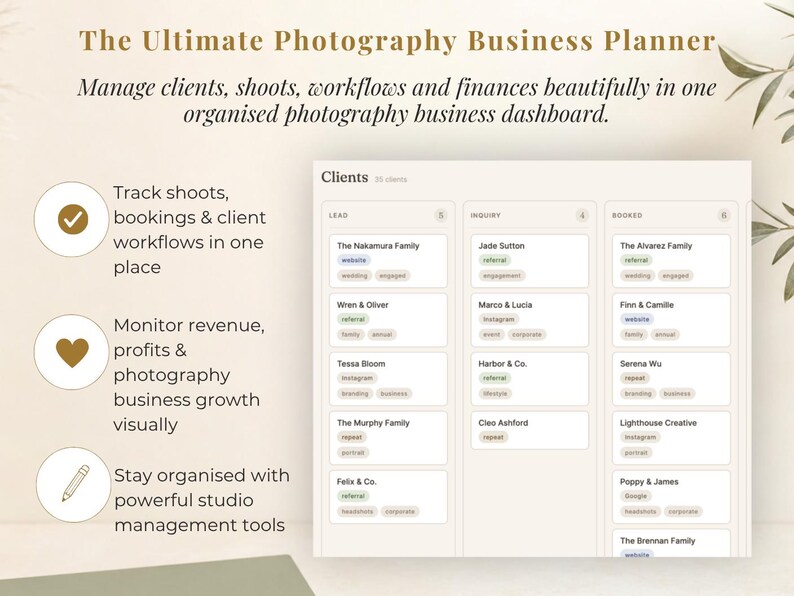 Puede incluir: Un planificador digital de negocios de fotograf&iacute;a con el texto "The Ultimate Photography Business Planner". El planificador ayuda a gestionar clientes, sesiones, flujos de trabajo y finanzas. Incluye seguimiento de clientes, control de ingresos y herramientas de gesti&oacute;n de estudio.