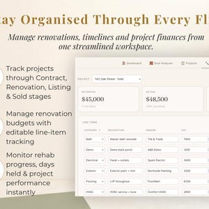 Puede incluir: Una interfaz digital muestra datos de gesti&oacute;n de proyectos, incluidas estimaciones financieras y costes reales. La interfaz est&aacute; dise&ntilde;ada para ayudar a gestionar renovaciones, plazos y finanzas de proyectos. El texto en la pantalla incluye "Stay Organised Through Every Flip."