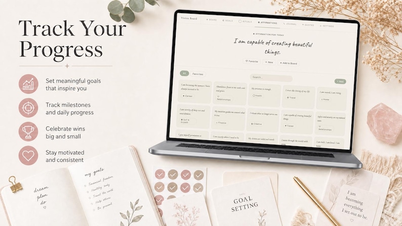 Pu&ograve; includere: Un laptop mostra un'app per la definizione degli obiettivi con affermazioni. L'immagine include un taccuino, adesivi e biglietti con testo come "Goal Setting" e "Track Your Progress". La tavolozza dei colori &egrave; tenue, con accenti beige, rosa e oro.
