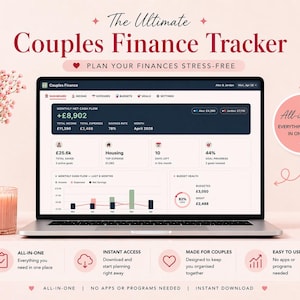 May include: A laptop displaying a "Couples Finance Tracker" interface. The screen shows financial data, including income, expenses, and savings. The image includes a vase with pink flowers, a lit candle, and text that reads "All-in-One."