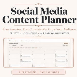 Pode incluir: Um planejador de conteúdo de mídia social digital exibido em um tablet. A imagem apresenta o texto "Social Media Content Planner" e "Planeje de forma mais inteligente. Publique consistentemente. Aumente seu público." O planejador mostra uma visualização de calendário.