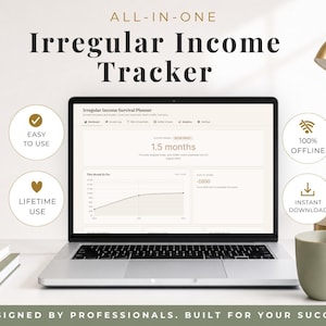 May include: A laptop screen displays an Irregular Income Tracker digital planner interface with charts and financial data. Text on screen includes All-In-One Irregular Income Tracker, Easy To Use, 100% Offline, Lifetime Use, and Instant Download.