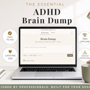 May include: A laptop screen displays a digital ADHD Brain Dump planner interface with a text input field. The screen shows the text 'THE ESSENTIAL ADHD Brain Dump' and 'Jessica Hollie Designs'. Four circular icons indicate features: Easy to use, 100% offline, lifetime use, and instant download.