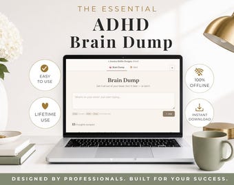 Puede incluir: Una pantalla de portátil muestra una interfaz de planificador digital ADHD Brain Dump con un campo de entrada de texto. La pantalla muestra el texto 'THE ESSENTIAL ADHD Brain Dump' y 'Jessica Hollie Designs'. Cuatro iconos circulares indican características: fácil de usar, 100% sin conexión, uso de por vida y descarga instantánea.