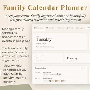 Puede incluir: Interfaz digital de un planificador de calendario familiar. La interfaz muestra un calendario con opciones de programaci&oacute;n, incluida la gesti&oacute;n de horarios, citas y eventos. El texto dice "Family Calendar Planner". La interfaz es en tonos blancos y beige.