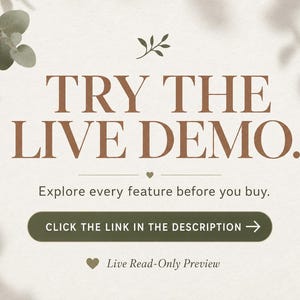 May include: A light beige graphic with the text "TRY THE LIVE DEMO." and "Explore every feature before you buy." A green button reads "CLICK THE LINK IN THE DESCRIPTION". Decorative leaves and shadows are in the background.