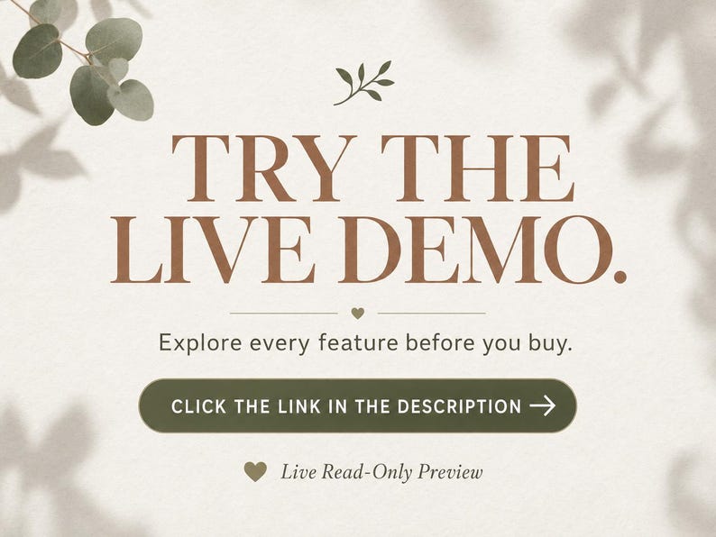 May include: A light beige graphic with the text "TRY THE LIVE DEMO." and "Explore every feature before you buy." A green button reads "CLICK THE LINK IN THE DESCRIPTION". Decorative leaves and shadows are in the background.