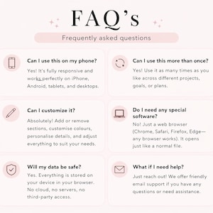 May include: A light pink graphic with the text "FAQ's" and "Frequently asked questions." The graphic includes six question and answer sections with icons and text about phone use, customization, and data safety.