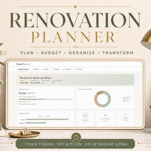 Puede incluir: Un planificador de renovación digital que se muestra en una tableta, con el texto "Renovation Planner" en la parte superior. La imagen incluye una lámpara de escritorio dorada, un jarrón de flores y el texto "Plan, Presupuesto, Organizar, Transformar". El texto inferior dice "Tu visión, tu plan, la casa de tus sueños."