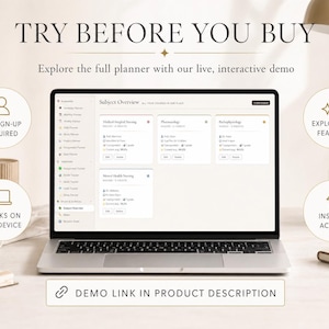 May include: A laptop displaying a planner interface with the text "TRY BEFORE YOU BUY." The screen shows subject overviews and features. Icons indicate "NO SIGN-UP REQUIRED," "WORKS ON ANY DEVICE," "EXPLORE ALL FEATURES," and "INSTANT ACCESS."
