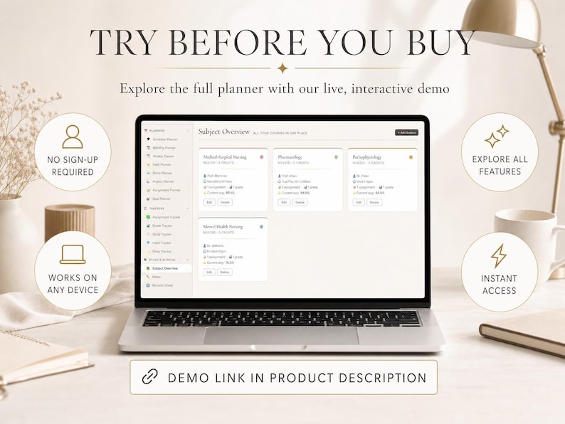 May include: A laptop displaying a planner interface with the text "TRY BEFORE YOU BUY." The screen shows subject overviews and features. Icons indicate "NO SIGN-UP REQUIRED," "WORKS ON ANY DEVICE," "EXPLORE ALL FEATURES," and "INSTANT ACCESS."