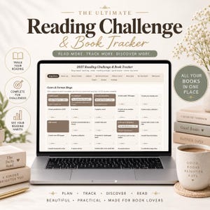 May include: A laptop displaying the 2027 Reading Challenge & Book Tracker digital interface. The screen shows a Genre & Format Bingo board with various reading categories. The text reads The Ultimate Reading Challenge & Book Tracker.