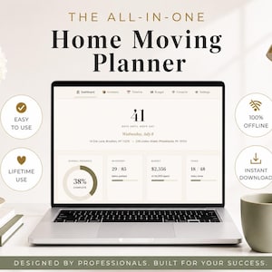 May include: A laptop displaying a "Home Moving Planner" interface. The screen shows progress bars, inventory details, and budget information. Additional elements include a coffee mug, a desk lamp, and text that reads "Easy to Use" and "Instant Download."