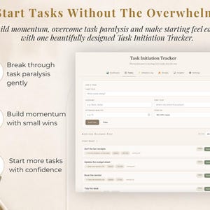 May include: A digital Task Initiation Tracker interface featuring a dashboard with fields for task title, category, and estimated minutes. The layout includes three circular icons with a checkmark, heart, and pencil, alongside text prompts for task management.