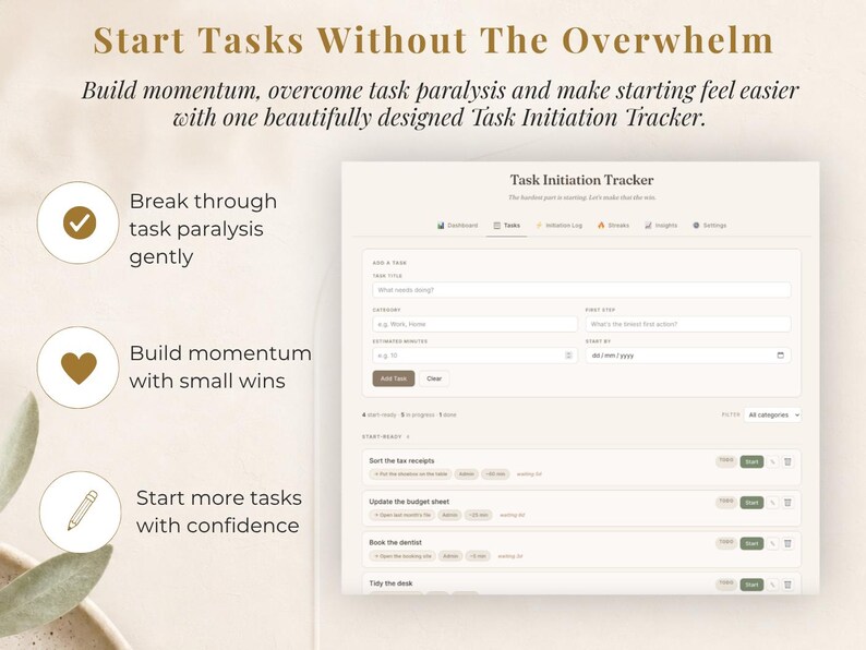 May include: A digital Task Initiation Tracker interface featuring a dashboard with fields for task title, category, and estimated minutes. The layout includes three circular icons with a checkmark, heart, and pencil, alongside text prompts for task management.