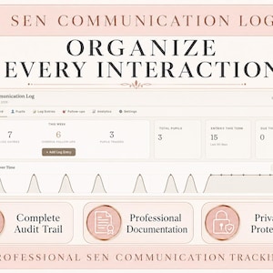 以下が含まれることがあります： 「SEN Communication Log」と「すべてのインタラクションを整理」というテキストが表示されたデジタルインターフェース。インターフェースはデータ視覚化と主要な指標を表示します。画像には「Complete Audit Trail」、「Professional Documentation」、「Privacy Protected」というフレーズも含まれています。