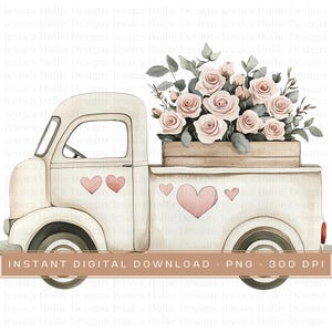 Watercolour valentines truck png clipart, Digital downloads, beige truck with flowers, Truck clipart, Clip art, Valentine Graphics, pngs