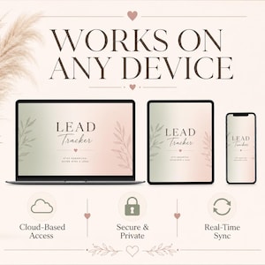 Op de afbeelding: Een digitale marketingafbeelding met de tekst "WERKT OP ELK APPARAAT". Het toont een laptop, tablet en smartphone met "LEAD Tracker". Extra pictogrammen vertegenwoordigen cloudgebaseerde toegang, veilige en priv&eacute; functies en real-time synchronisatie.