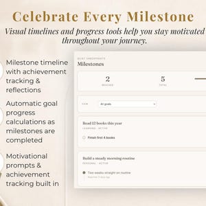 May include: A digital interface with the text "Celebrate Every Milestone." The interface displays a milestone timeline, goal progress, and achievement tracking. The interface is light beige with dark brown text and icons. The text includes "Milestone timeline," "Automatic goal progress," and "Motivational prompts."