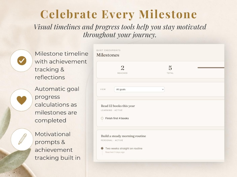 May include: A digital interface with the text "Celebrate Every Milestone." The interface displays a milestone timeline, goal progress, and achievement tracking. The interface is light beige with dark brown text and icons. The text includes "Milestone timeline," "Automatic goal progress," and "Motivational prompts."