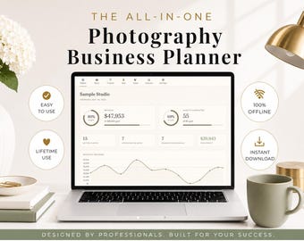 May include: A laptop displaying a photography business planner interface. The screen shows financial data, charts, and icons for easy use, lifetime use, offline access, and instant download. The text reads "Photography Business Planner."