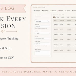 May include: A digital hours log interface with a soft, neutral color palette. The interface includes options for tracking sessions, filtering and sorting data, and exporting to CSV. Text on the image reads "Track Every Session."